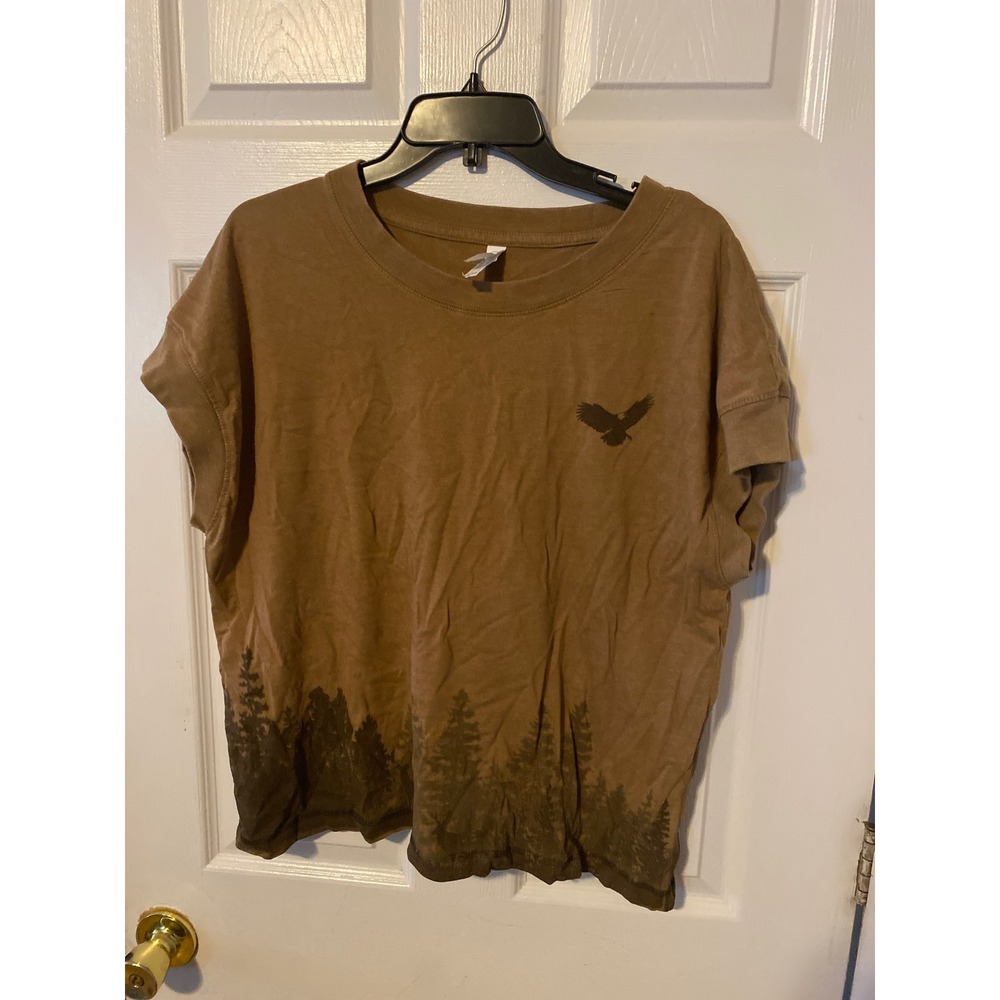 Live and Tell LAT Apparel Ladies Brown Forest Tree Bird Graphic T-Shirt Large